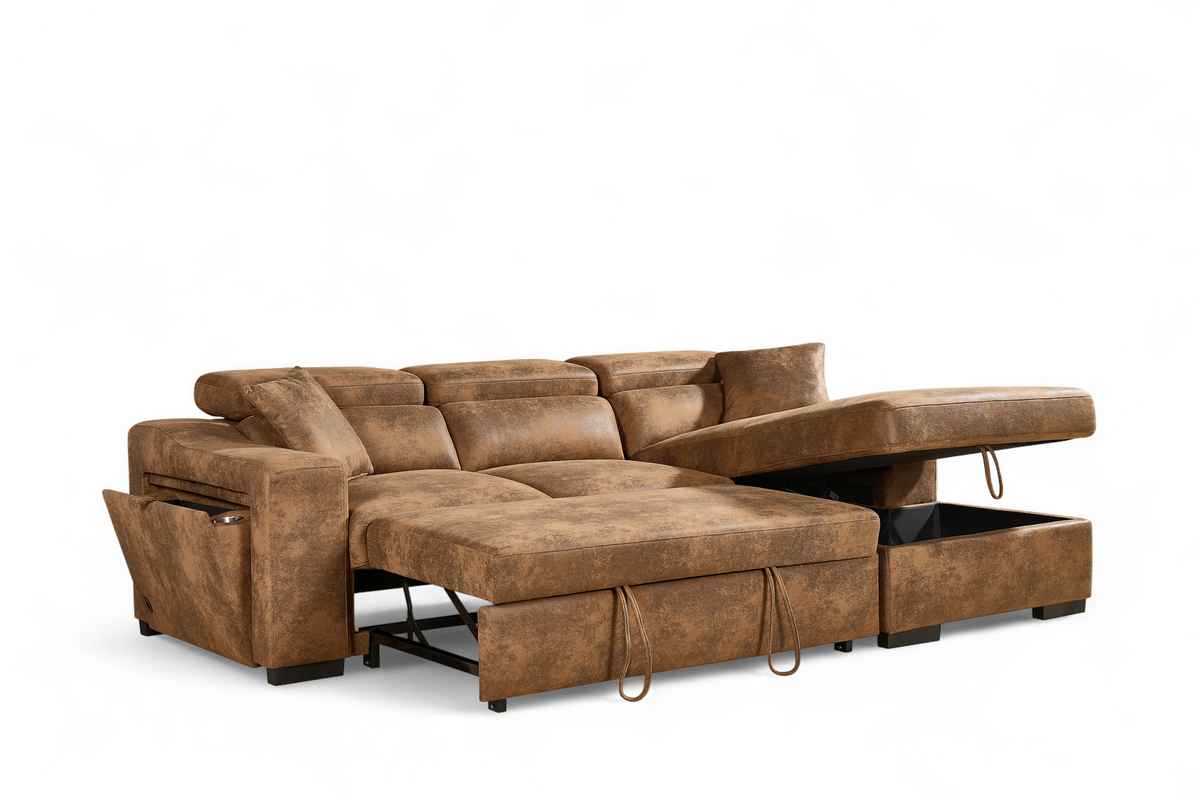 Faux Leather Suede Brown 2C1 Corner Sofabed with Storage ARTHUR