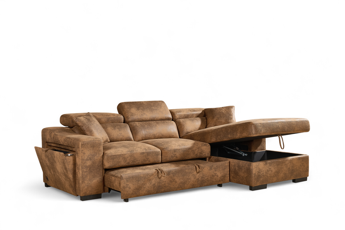 Faux Leather Suede Brown 2C1 Corner Sofabed with Storage ARTHUR