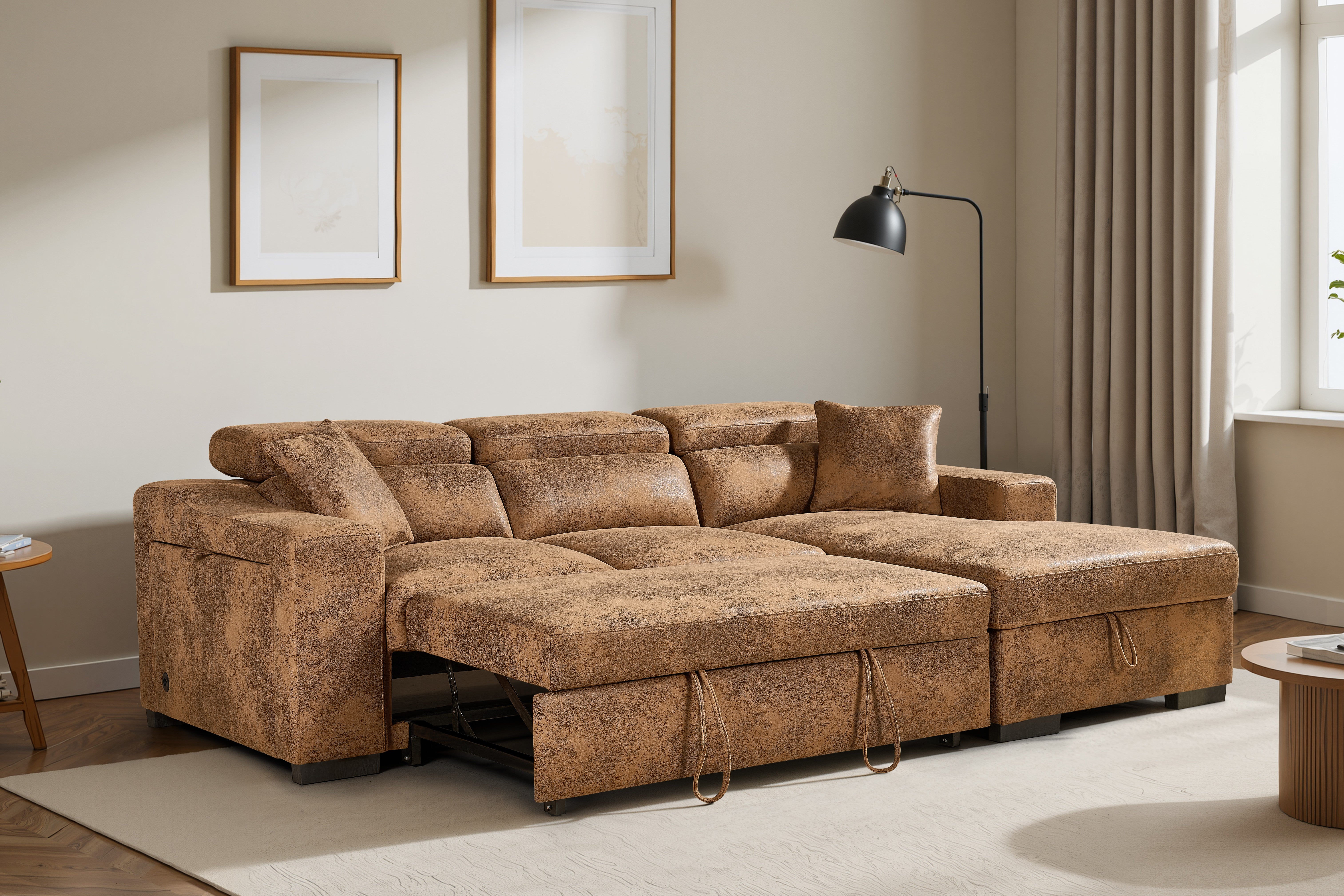 Faux Leather Suede Brown 2C1 Corner Sofabed with Storage ARTHUR