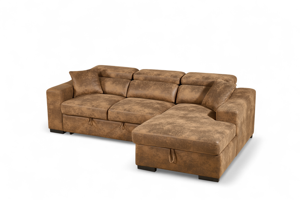 Faux Leather Suede Brown 2C1 Corner Sofabed with Storage ARTHUR
