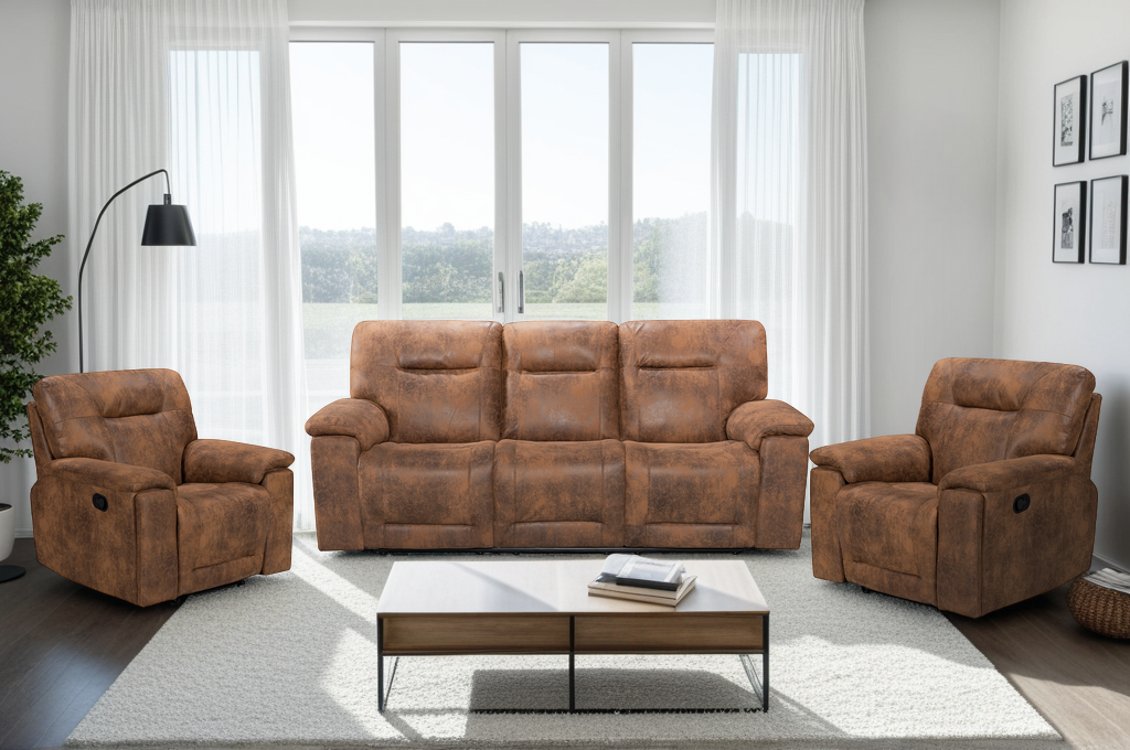 Faux Leather Suede Brown Murcia 3 + 1 + 1 Seater Manual Recliner Sofa Set
