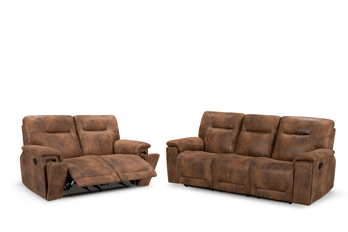 Faux Leather Suede Brown 3 + 2 Seater Manual Recliner Sofa Set MURCIA