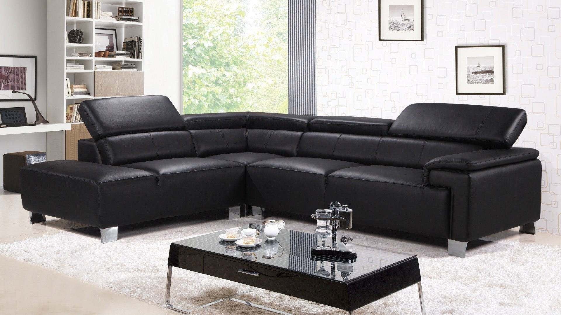 Genuine Leather Black Left Hand Facing Corner Sofa LIVORNO