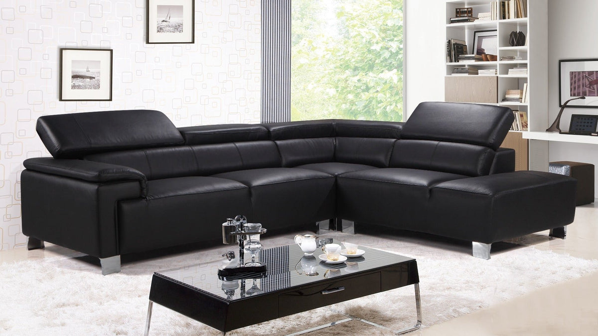 Genuine Leather Black Right Hand Facing Livorno Corner Chaise Sofa