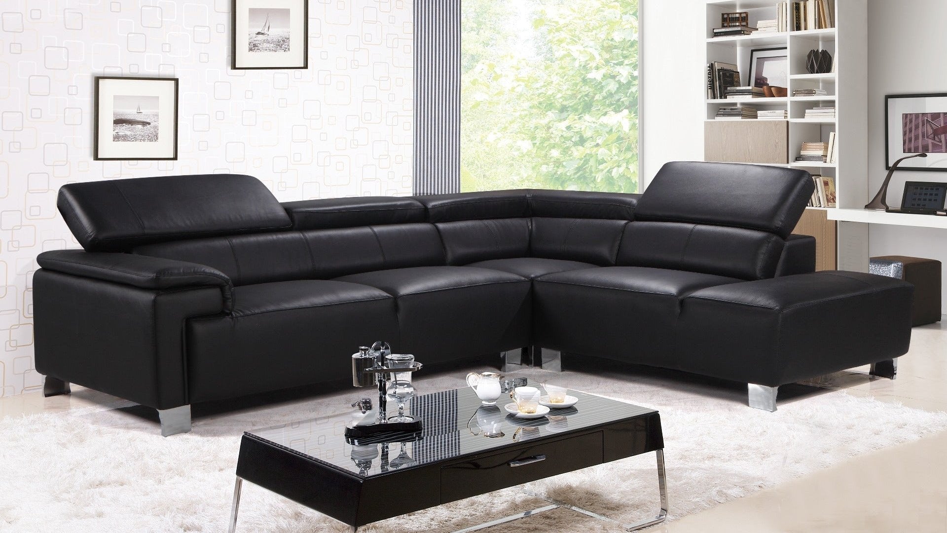 Genuine Leather Black Right Hand Facing Corner Sofa LIVORNO