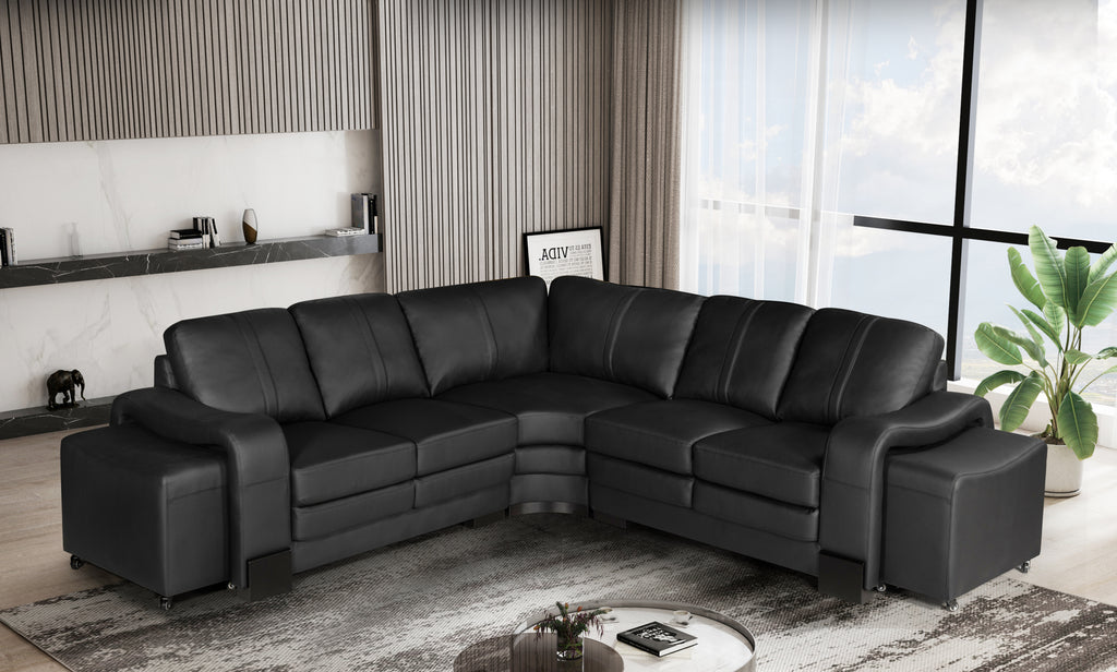 Genuine Leather Black San Fernando 2C2 Corner Sofa with 2 Ottomans