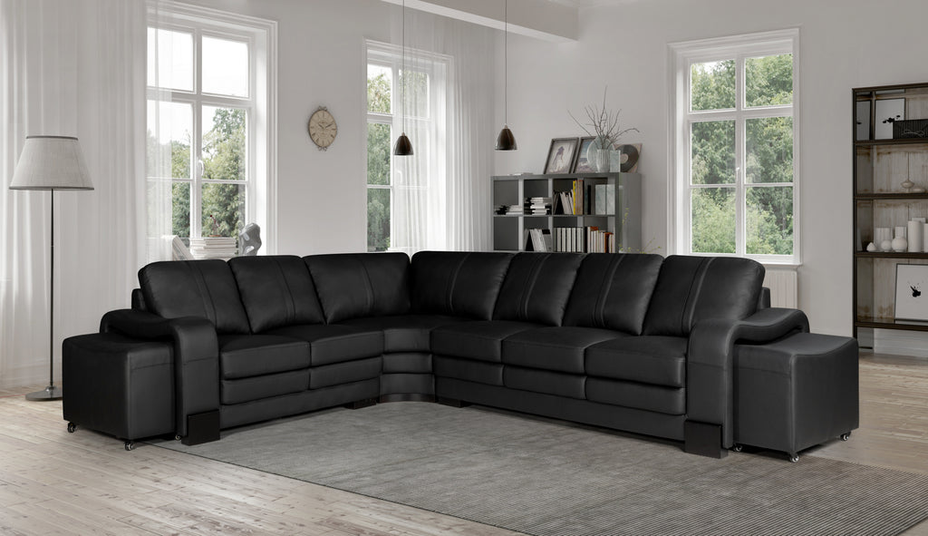 Genuine Leather Black San Fernando 2C3 Corner Sofa with 2 Ottomans