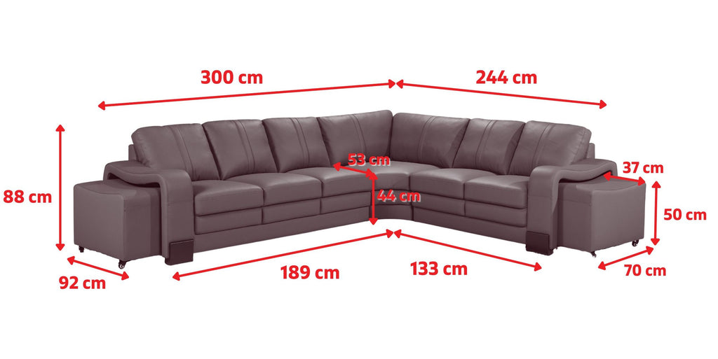 Genuine Leather Black San Fernando 3C2 Corner Sofa with 2 Ottomans Line Diagram