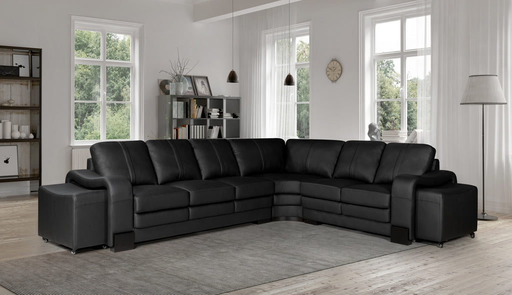 Genuine Leather Black San Fernando 3C2 Corner Sofa with 2 Ottomans