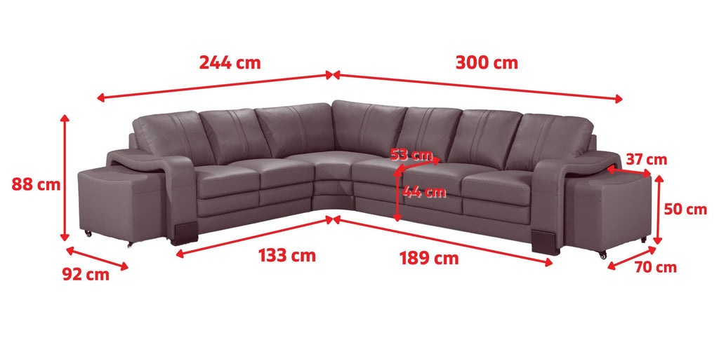 Genuine Leather Grey San Fernando 2C3 Corner Sofa with 2 Ottomans Line Diagram