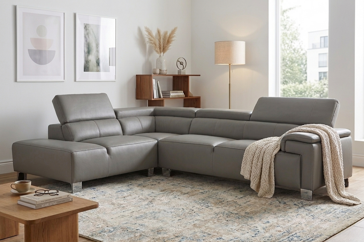 Genuine Leather Mid Grey Left Hand Facing Corner Sofa LIVORNO
