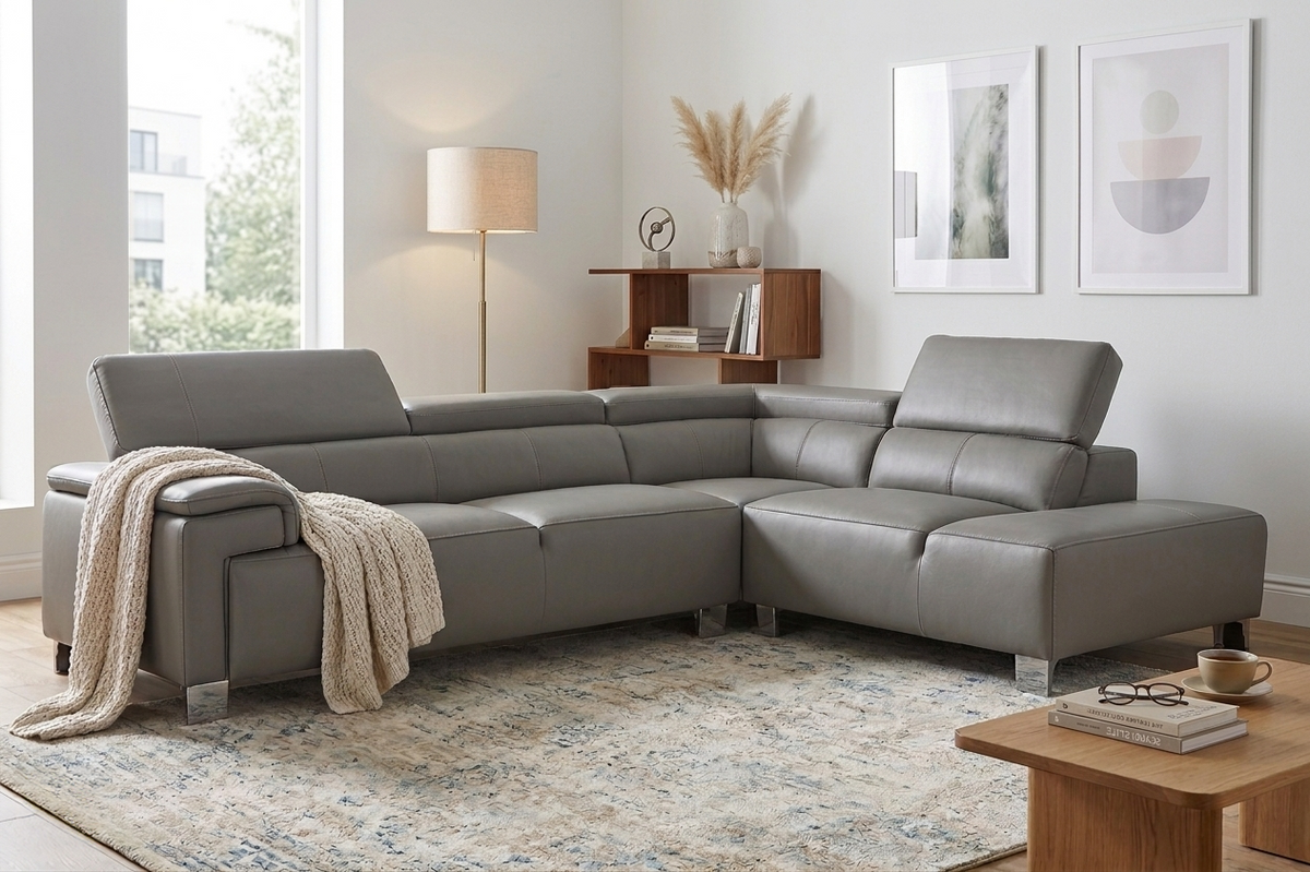 Genuine Leather Mid Grey Right Hand Facing Corner Sofa LIVORNO