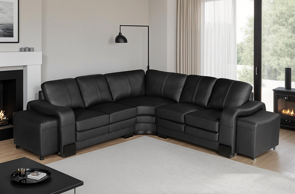 Genuine Leather Black San Fernando 2C2 Corner Sofa with 2 Ottomans