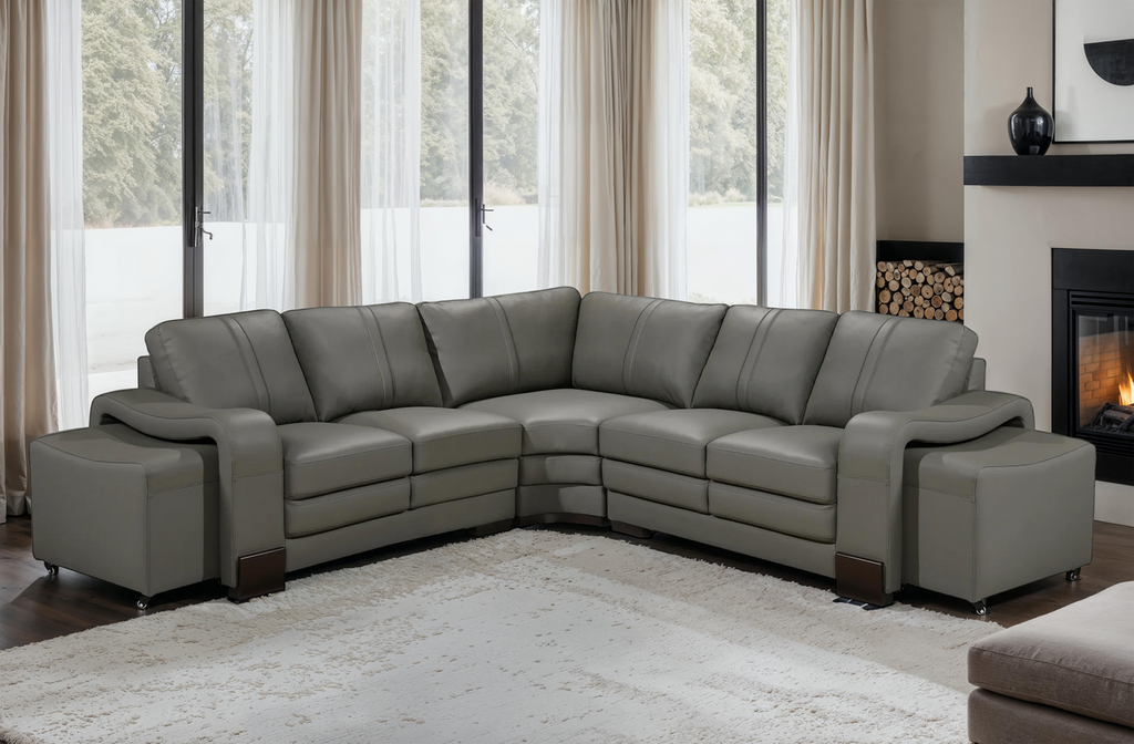 Genuine Leather Grey San Fernando 2C2 Corner Sofa with 2 Ottomans