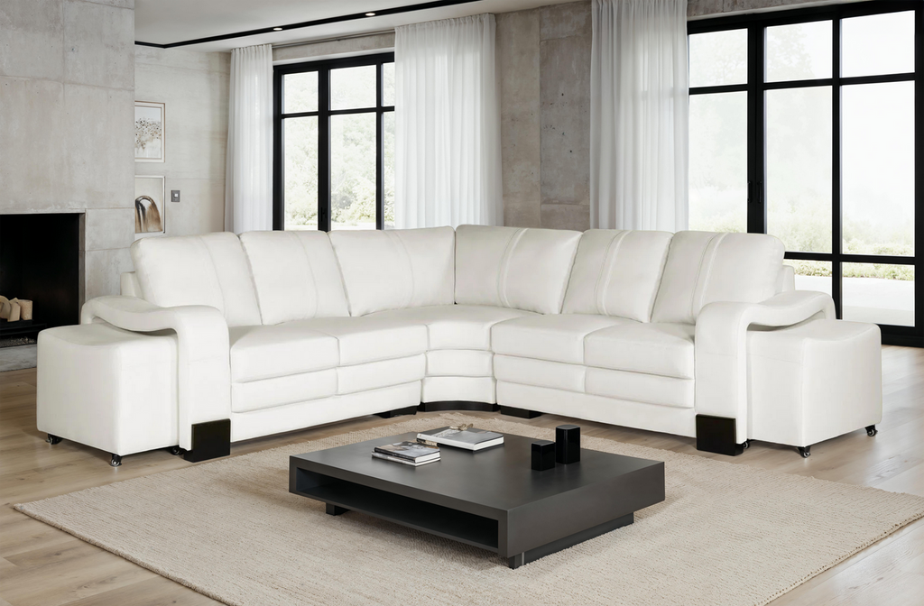 Genuine Leather White San Fernando 2C2 Corner Sofa with 2 Ottomans