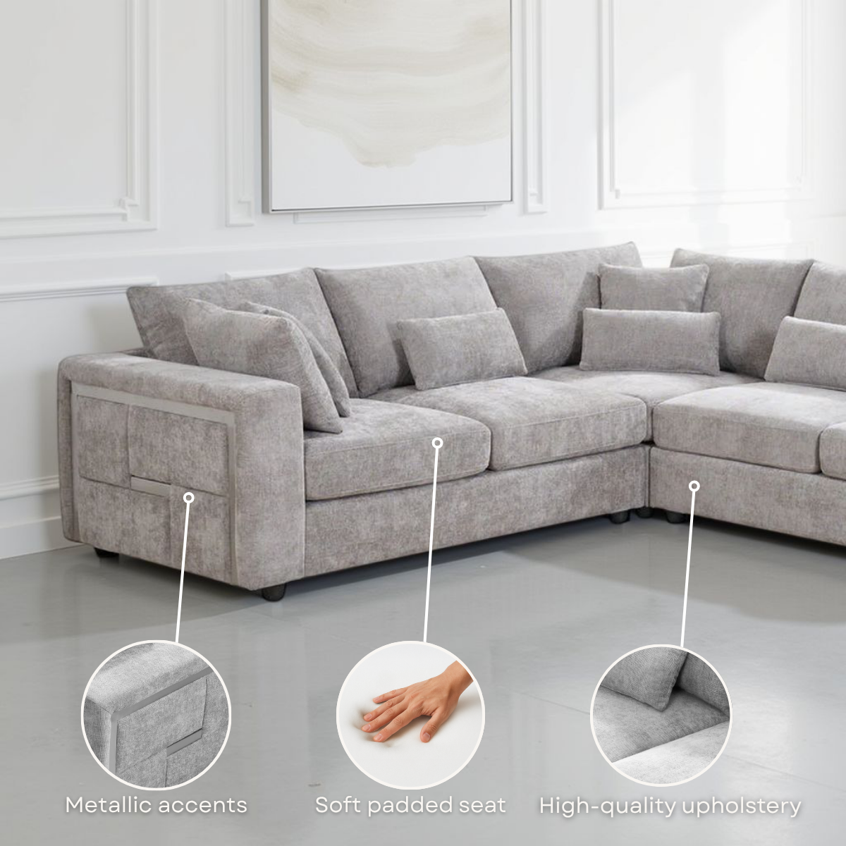 Chenille Fabric Grey 2C2 Corner Sofa with Gold Accents GEORGE