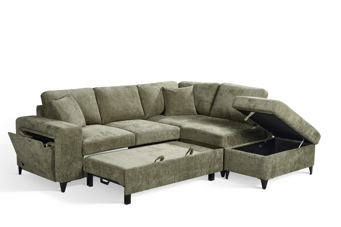 Green Chenille Fabric 2C1 Corner Sofabed with Storage JAMIE