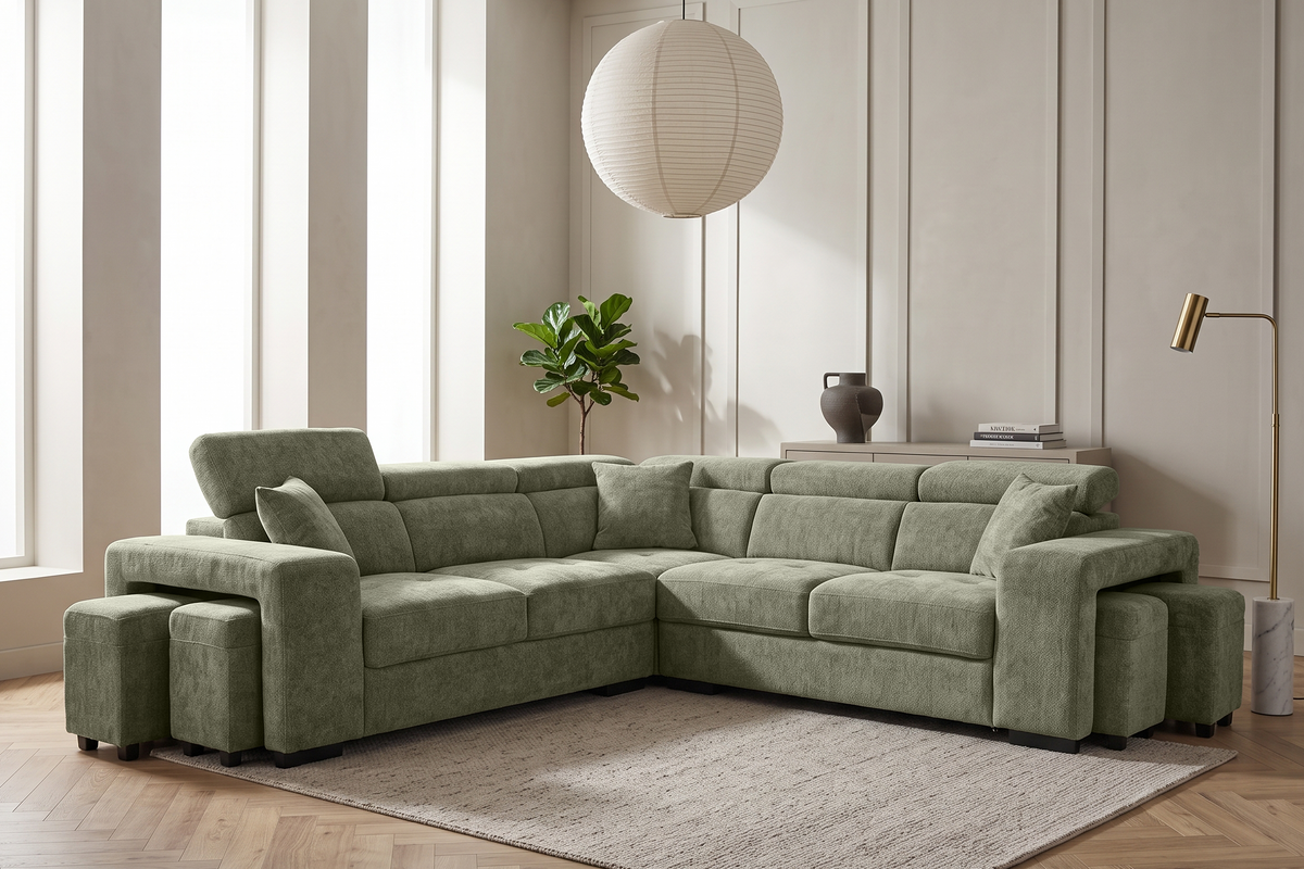 Green Chenille Fabric 2C2 Corner Sofa with Ottomans AMY