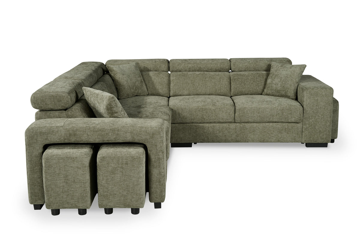 Green Chenille Fabric 2C2 Corner Sofa with Ottomans AMY