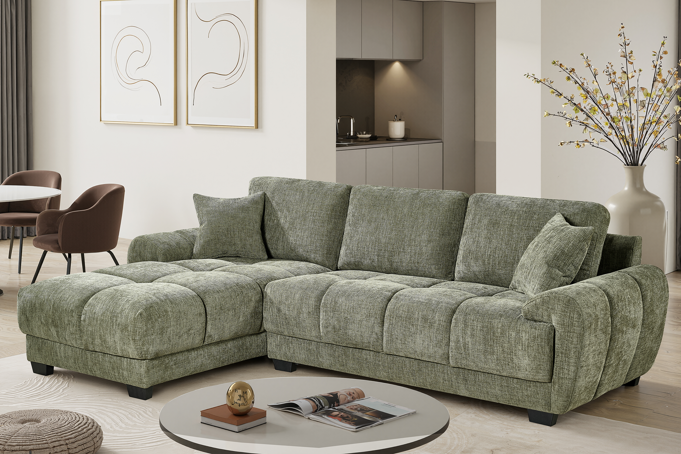 Green Chenille Fabric 1C2 Corner Sofa JACK