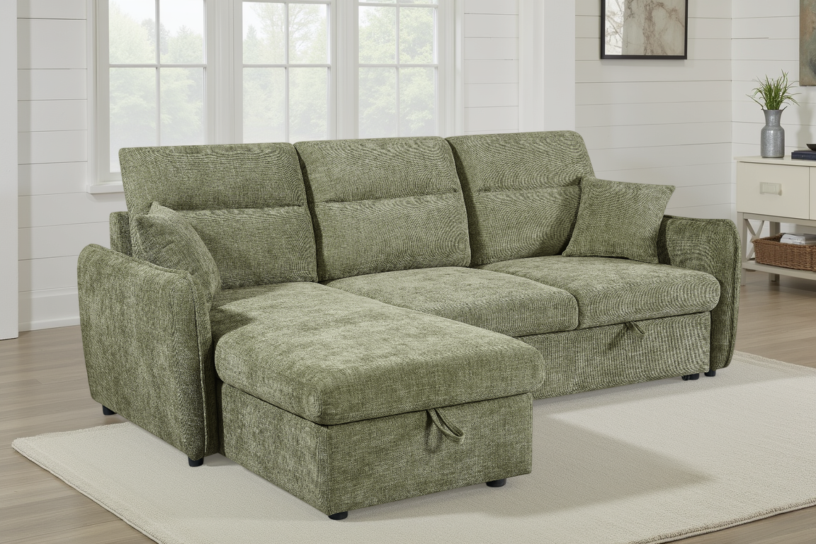 Green Chenille Fabric 1C2 Corner Sofabed with Storage ARCHIE