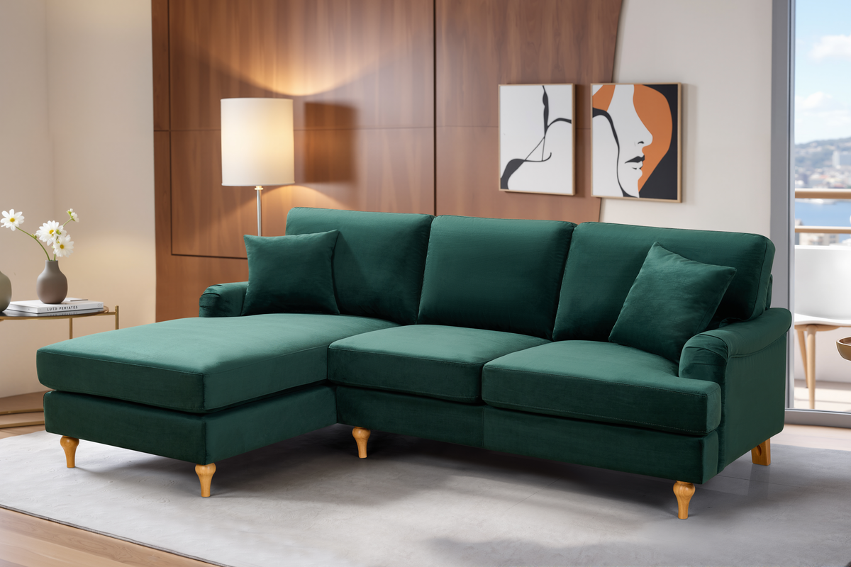 Velvet Green Left Hand Facing Corner Sofa with Chaise HAMILTON