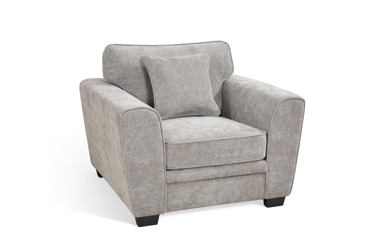 grey 1 seater sofa with extra comfortable soft filling and an accent cushion with fixed back upholstered in grey chenille
