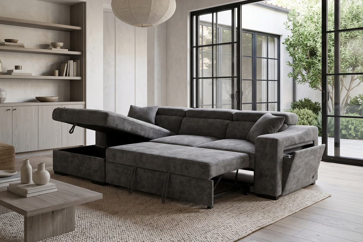 Dark Grey Chenille Fabric 1C2 Corner Sofabed with Storage ARTHUR