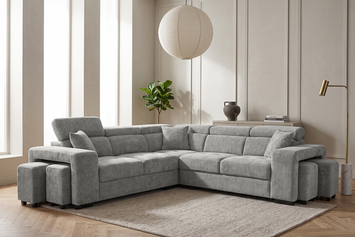 Grey Chenille Fabric 2C2 Corner Sofa with Ottomans AMY