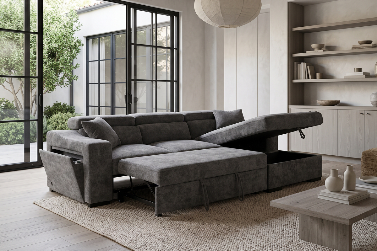 Dark Grey Chenille Fabric 2C1 Corner Sofabed with Storage ARTHUR