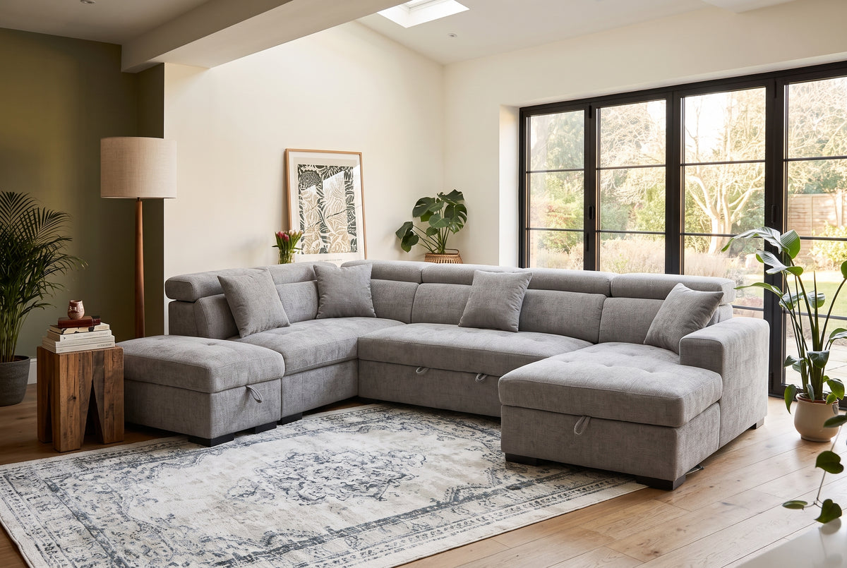 Grey Chenille Fabric Left Hand Facing U-Shaped Sofa Bed with Storage AUGUSTA