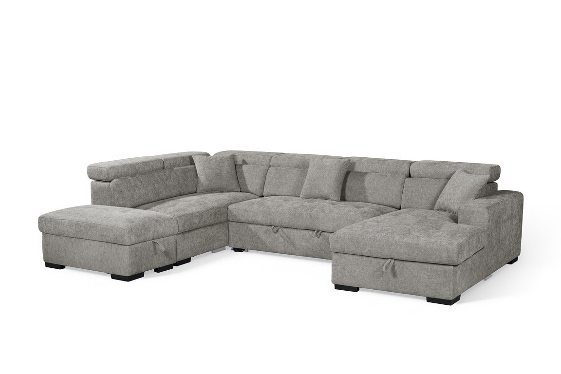 Grey Chenille Fabric Left Hand Facing U-Shaped Sofa Bed with Storage AUGUSTA