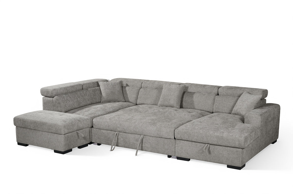Grey Chenille Fabric Left Hand Facing U-Shaped Sofa Bed with Storage AUGUSTA