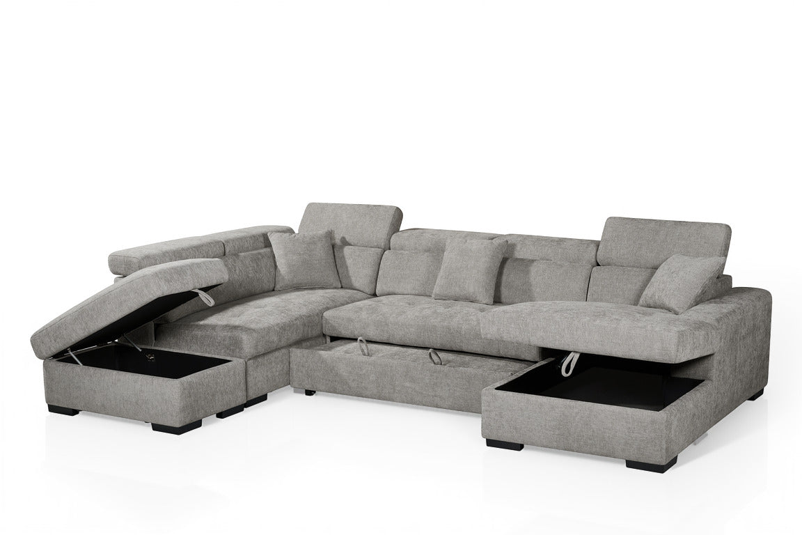 Grey Chenille Fabric Left Hand Facing U-Shaped Sofa Bed with Storage AUGUSTA