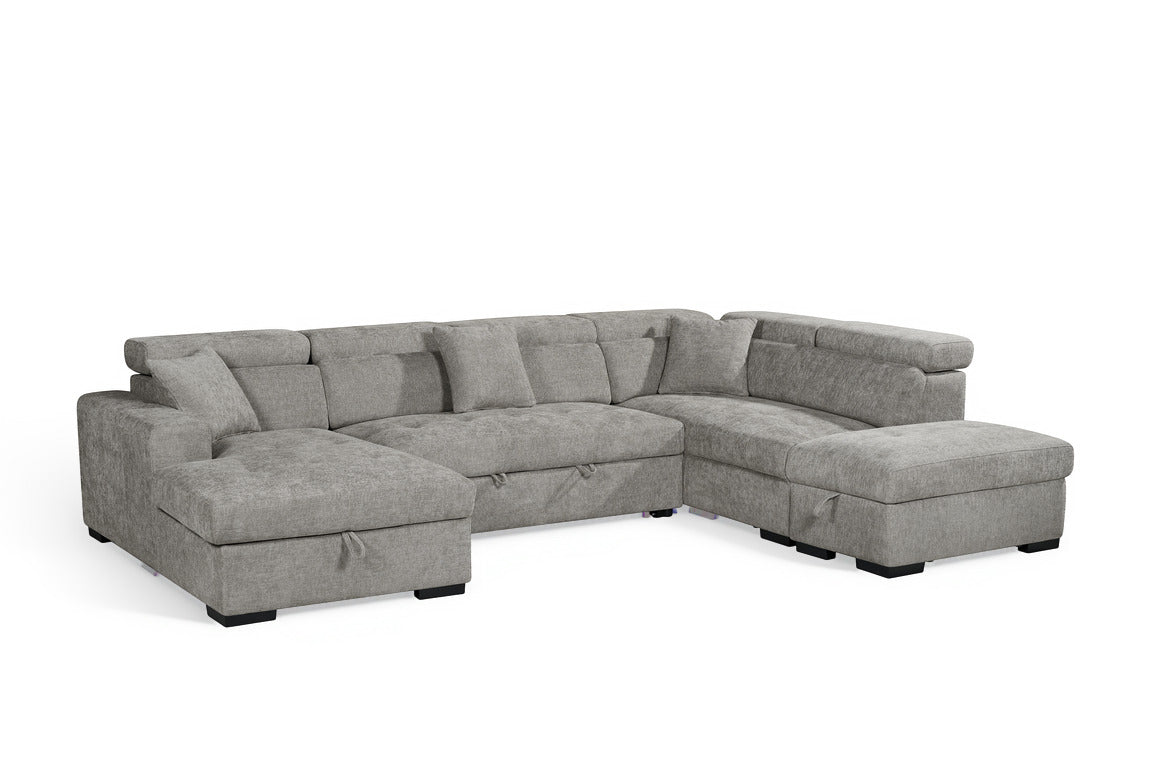 Grey Chenille Fabric Right Hand Facing U-Shaped Sofa Bed with Storage AUGUSTA