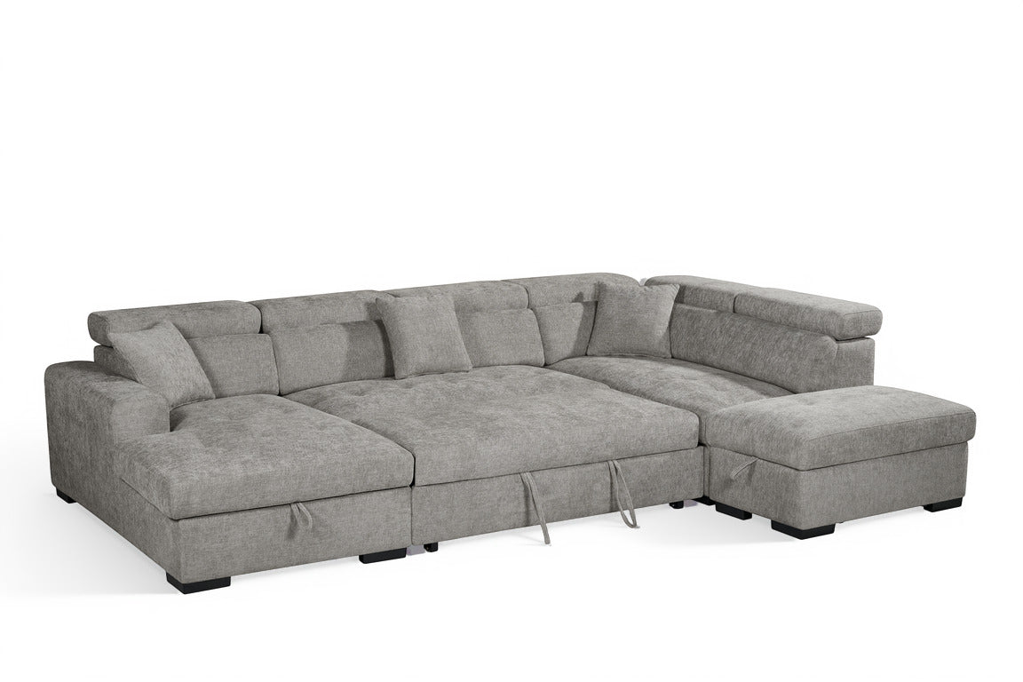 Grey Chenille Fabric Right Hand Facing U-Shaped Sofa Bed with Storage AUGUSTA