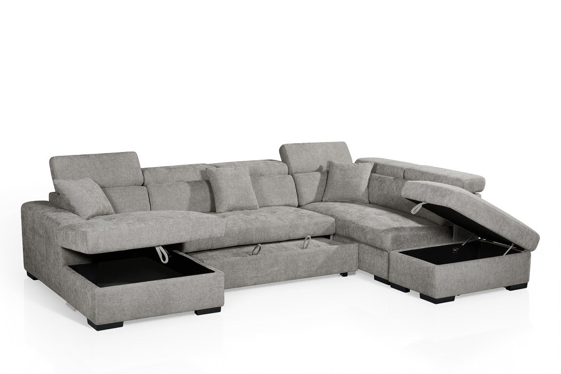 Grey Chenille Fabric Right Hand Facing U-Shaped Sofa Bed with Storage AUGUSTA