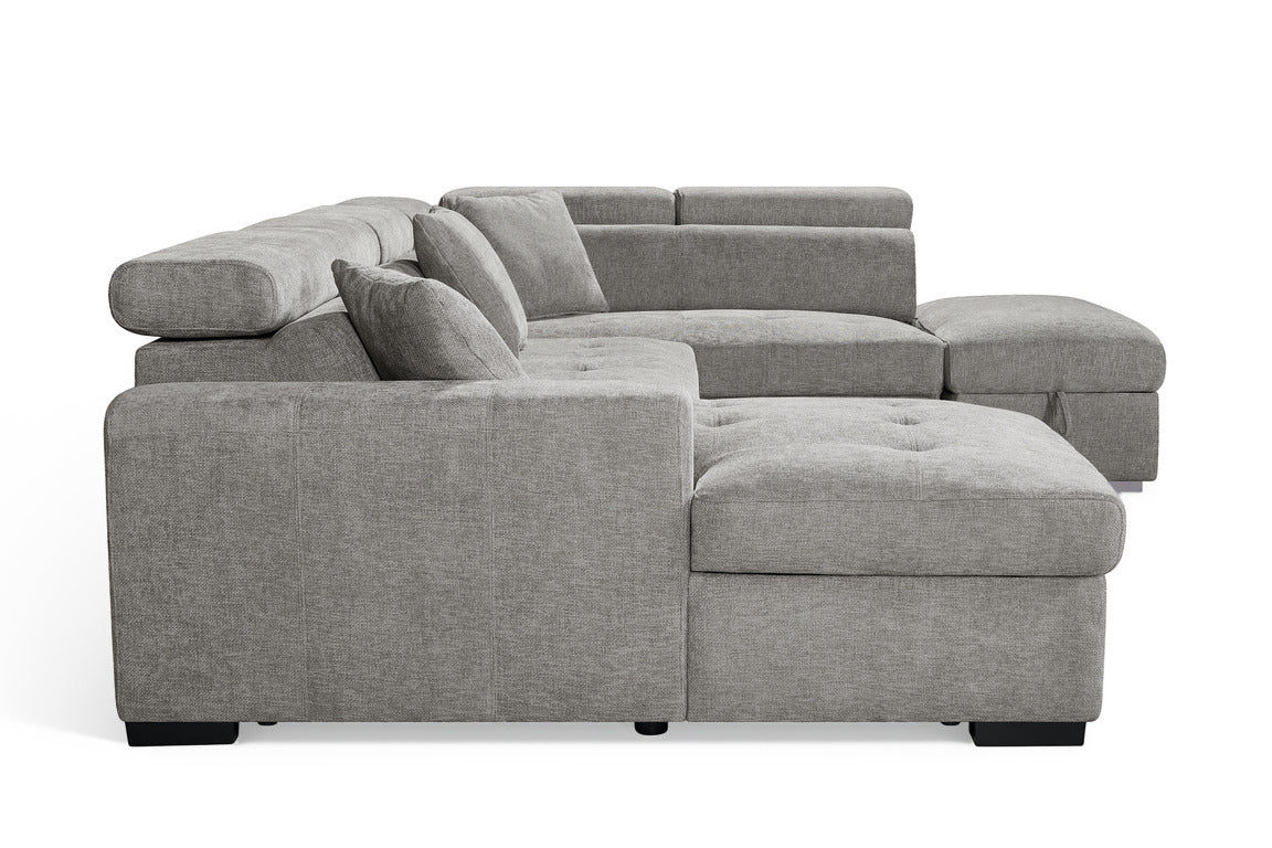 Grey Chenille Fabric Right Hand Facing U-Shaped Sofa Bed with Storage AUGUSTA