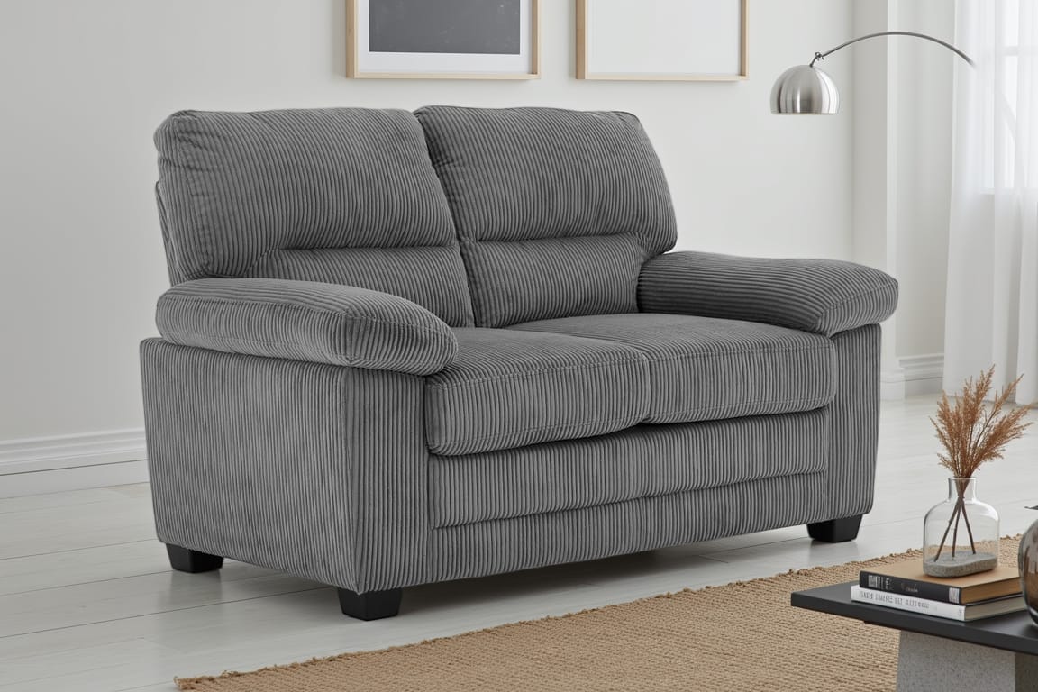 grey jumbo cord 2 seater sofa with deep channels in a living room