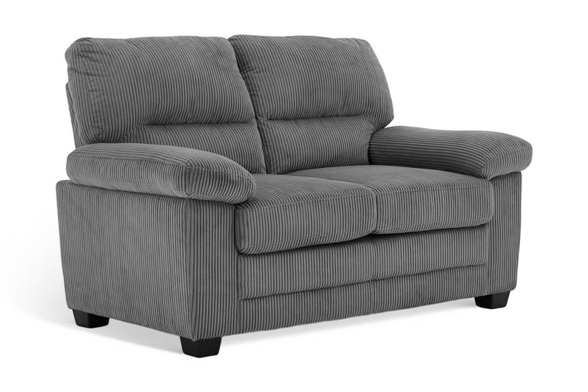 grey jumbo cord 2 seater sofa with deep channels side angle