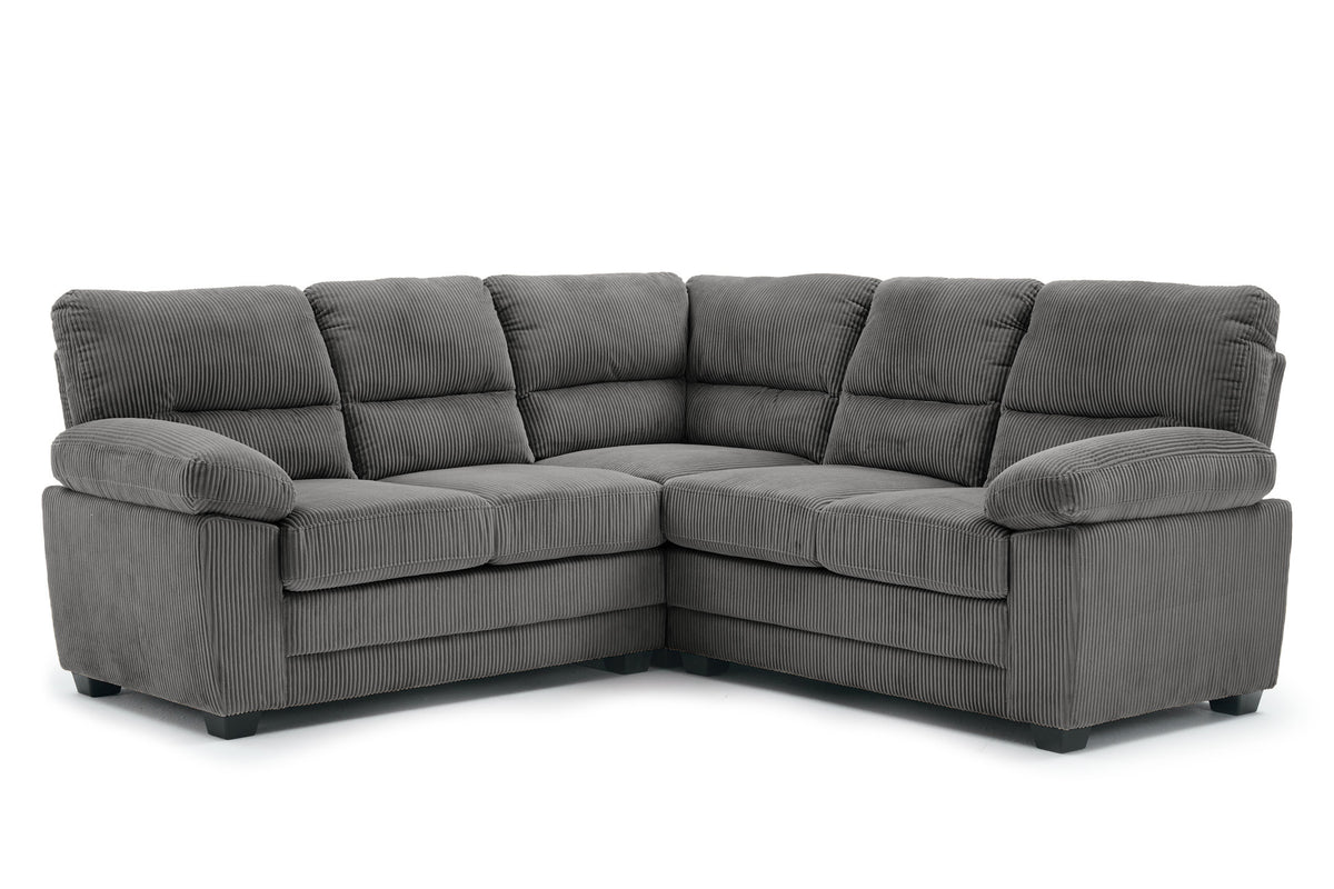 5 seater corner sofa upholstered in grey wide-wale jumbo cord with wooden legs.