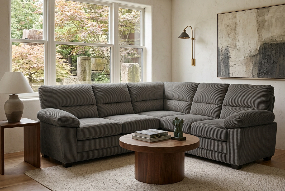 5 seater corner sofa upholstered in grey wide-wale jumbo cord with wooden legs in a living room