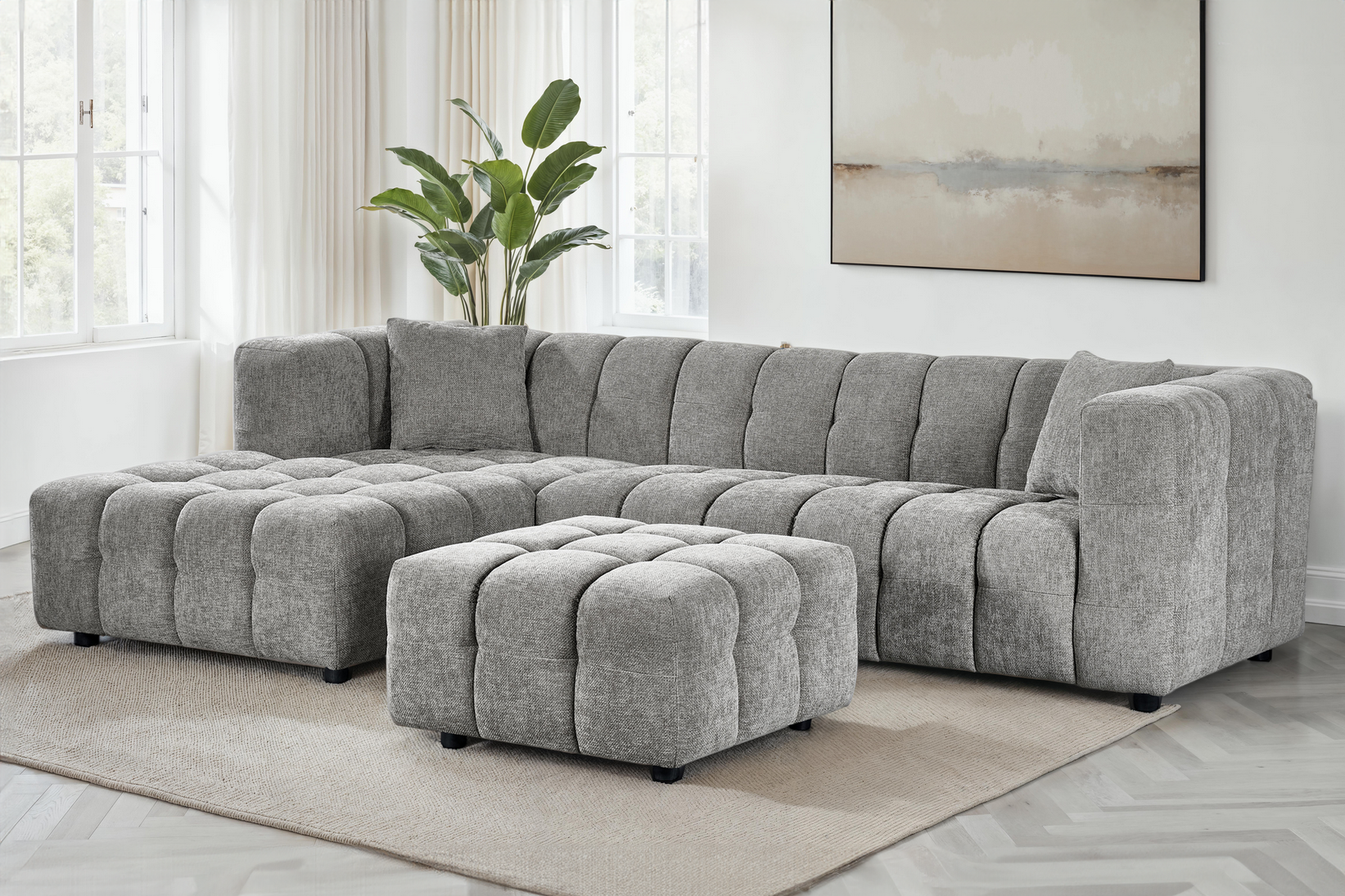 Grey Chenille Fabric Left Hand Facing Corner Sofa with Ottoman