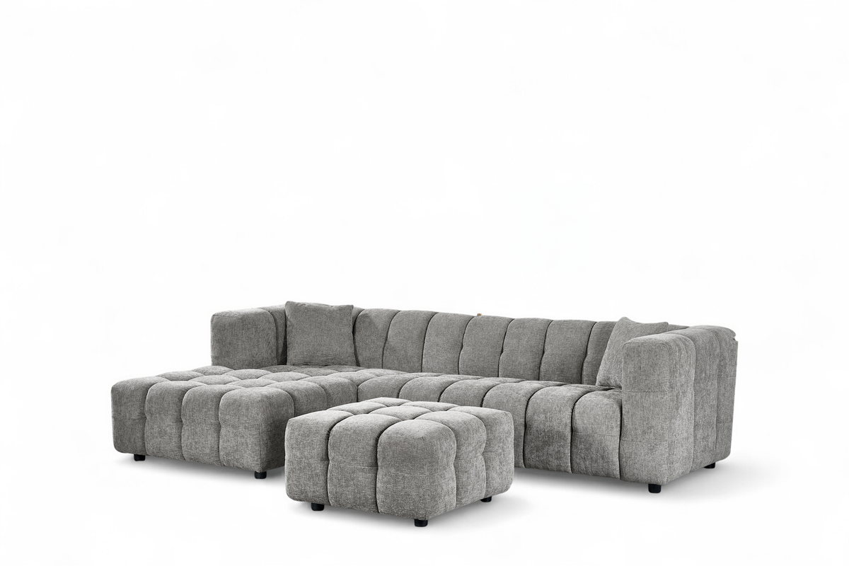 Grey Chenille Fabric Left Hand Facing Corner Sofa with Ottoman LUGANO