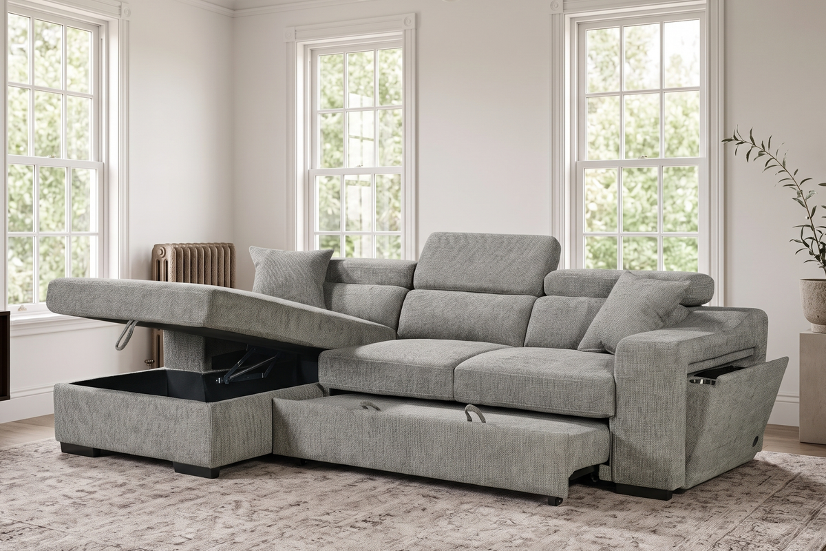 Grey Chenille Fabric 1C2 Corner Sofabed with Storage ARTHUR