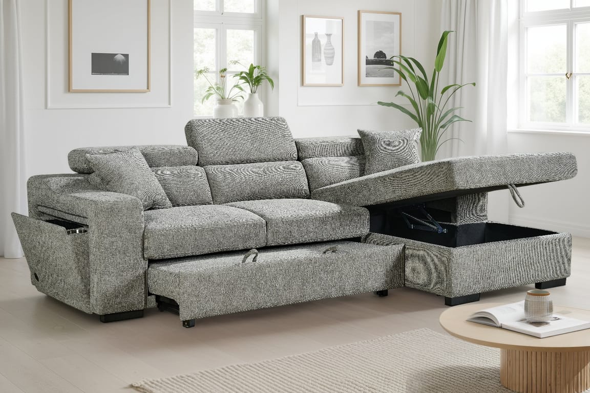 Grey Chenille Fabric 1C2 Corner Sofabed with Storage ARTHUR