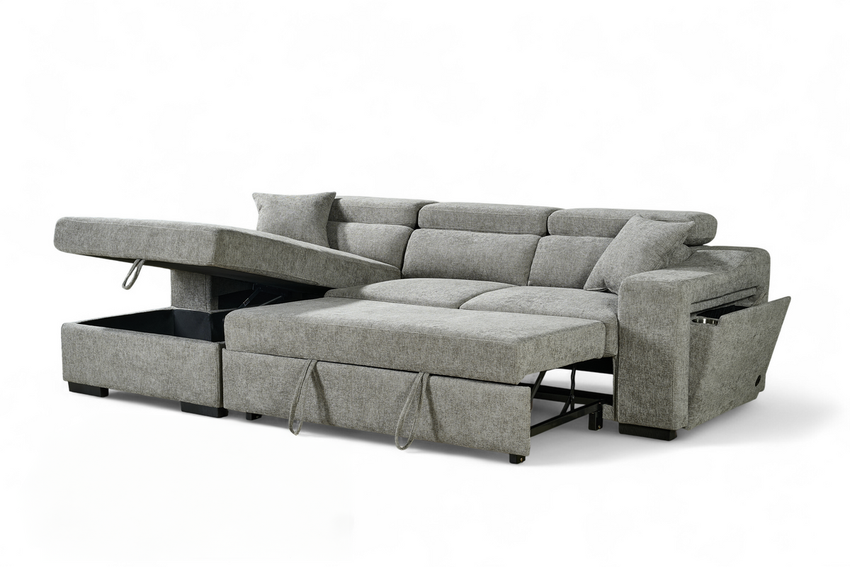 Grey Chenille Fabric 1C2 Corner Sofabed with Storage ARTHUR