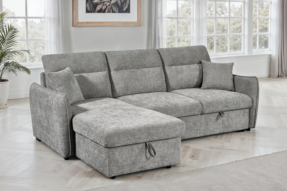Grey Chenille Fabric 1C2 Corner Sofabed with Storage ARCHIE