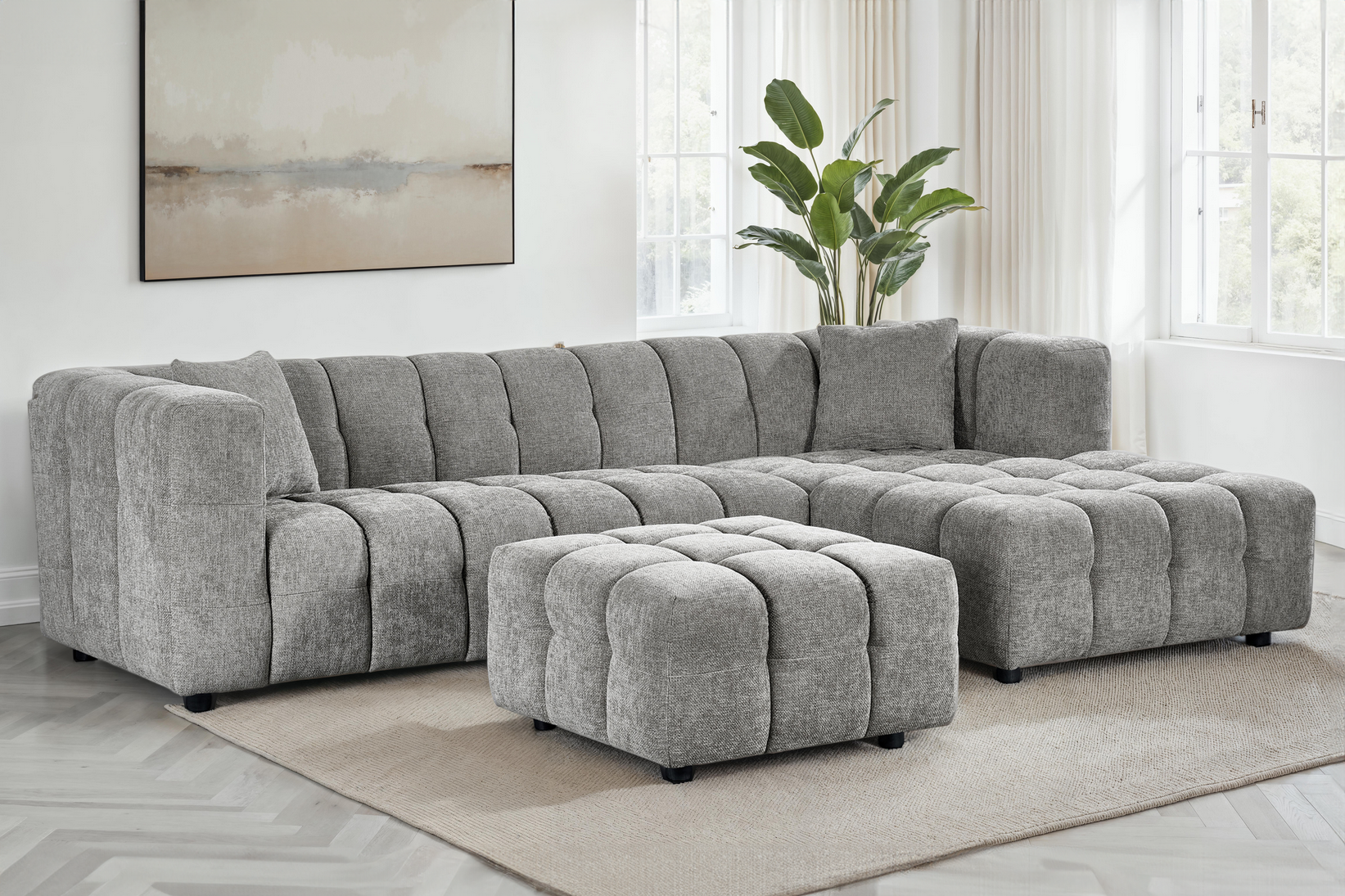 Grey Chenille Fabric Right Hand Facing Corner Sofa with Ottoman LUGANO