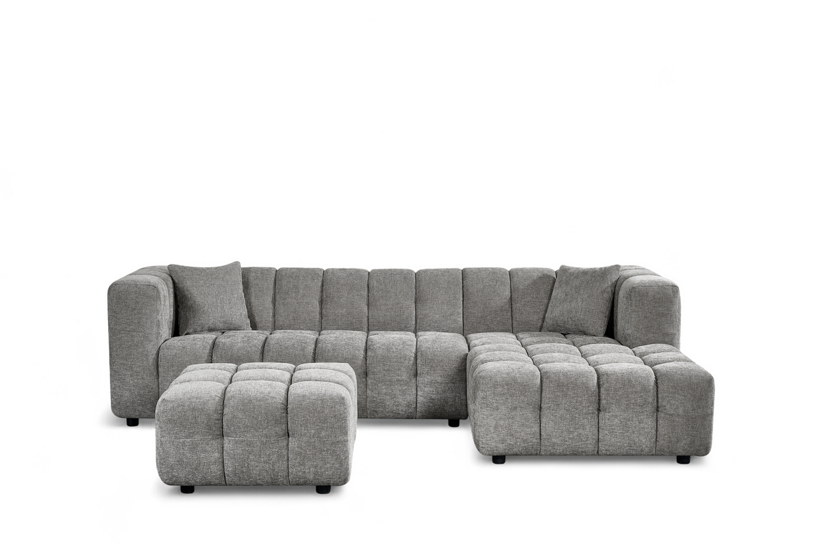 Grey Chenille Fabric Right Hand Facing Corner Sofa with Ottoman LUGANO